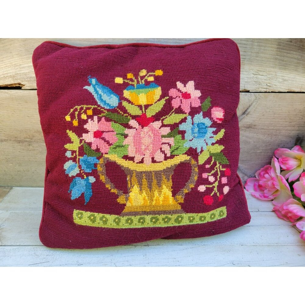 Vintage Needlepoint Pillow Wine Burgundy Colorful Urn Florals 15 x 15 Velveteen